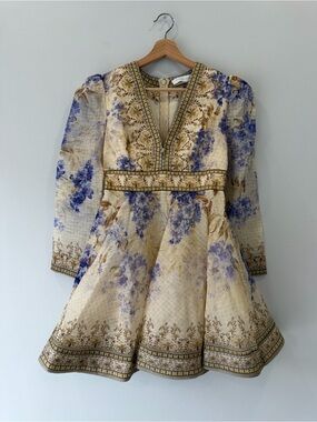 Floral V-Neck Fit & Flare Mini Dress in Cream and Blue XS